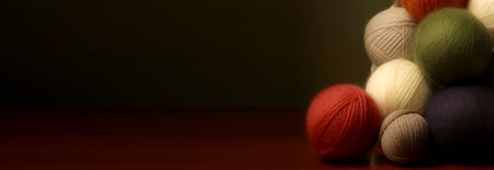 Multicolored yarn balls on a dark background with space for text. Needle and ball of yarn on white background. 3D illustration.の素材