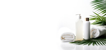 Body care products made from natural materials with space for text. Spa and wellness setting with copy space, white towels, cream, cosmetic products and green palm leaf on white background.の素材