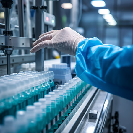 Scientist working in the laboratory. Science, chemistry and medicine concept. Autowatted production line. Close-up of hands.の素材