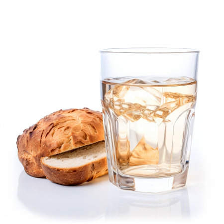 A glass of water and bread on a white background, on white background, soft light. Selective focus.の素材