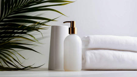 White cosmetic bottle with dispenser, towel and palm leaf on white background. 3d illustration of various layouts of empty cosmetic containers. Branding layout of Beauty SPA.の素材