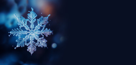 Decorative snowflake on a dark background with space for text. Horizontal banner with a New Year's concept. Design element for Christmas.の素材