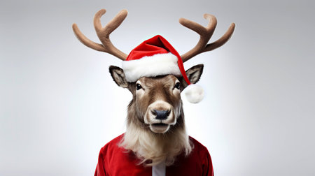 Cute deer in Christmas hat. Christmas illustration for greeting cards, flayers. Cartoon elk for the new year. Reindeer wearing Santas red hat.の素材