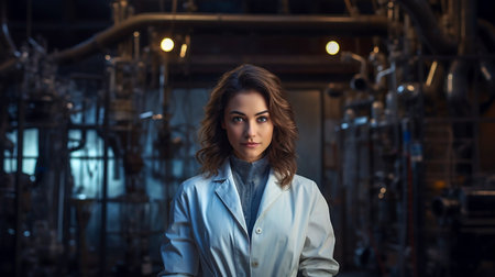 Portrait of a young woman in a white coat. Industrial background. Science and technology concept.の素材