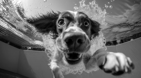 Funny dog swimming underwater in swimming pool. Black and white photo. The moment the dog is immersed in the water close-up. Stop motion photo.の素材