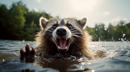 Raccoon - Procyon Lothor bathes in the river. Cute wet raccoon swims and plays in the water. Crazy raccoon close-up in the pool. Selective focus. Portrait of a wet raccoon with an open mouth.の素材
