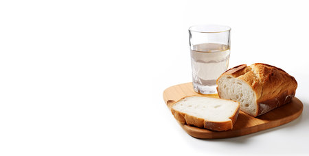 White bread and water in a glass on a wooden board with space for text. Glass of water and bread on a white background. Isolated.の素材