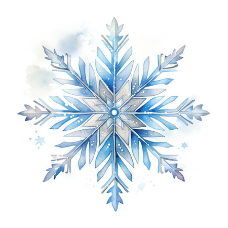 Watercolor snowflake on a white background. Symbol of winter. Blue decorative snowflake. Symbol winter, frozen, Christmas, New Year holiday.の素材