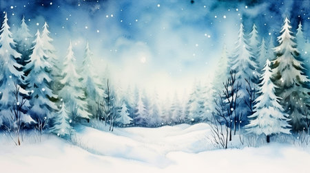 Winter background of snow and frost with free space for your decoration. Winter forest. Winter landscape. Christmas background. Watercolor painting.の素材