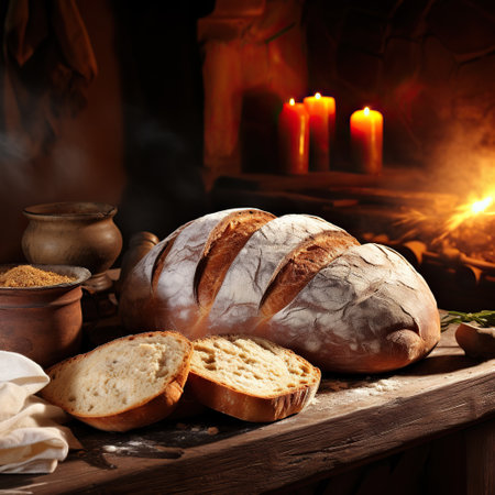 Natural sourdough bread baked with organic flour. Bakery and agriculture concept.の素材