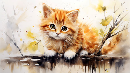 Cute ginger kitten sitting on a tree branch. Watercolor painting of a kitten sitting on a fence. Animal portrait.の素材