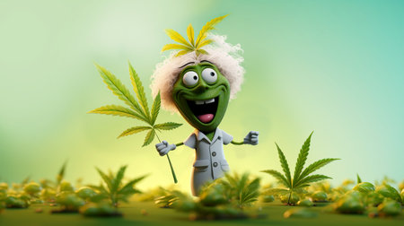 Cannabis character on cannabis field. Illustration in cartoon style. Medical cannabis on a light background.の素材