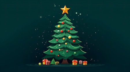 A huge elegant Christmas tree and gifts on a dark background. City Christmas tree with gifts and decorations in the night. Illustration in flat style. Winter holiday background.の素材