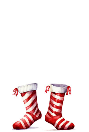 Christmas socks isolated on white background. A pair of cheerful stockings on white with space for text. Layout of the postcard. Watercolor illustration. Hand drawn.の素材