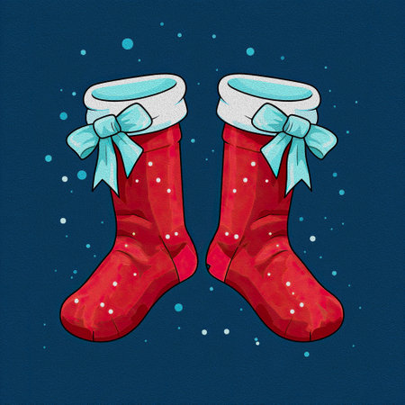 Christmas socks cartoon sticker. Oil painting illustration of New Year's socks on a blue background. Red Christmas stocking for gifts from Santa. Festive print.の素材
