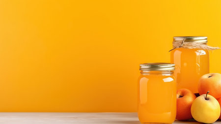 Apple jam in jars on a yellow background. Home canned food. Home preservation. Jam advertisement.の素材