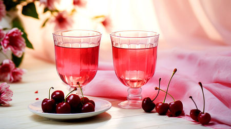 Two glasses with cherry compote and cherries on a plate. Two glasses on a pink background. Homemade cherry liqueur/wine. Background for postcard, invitation.の素材