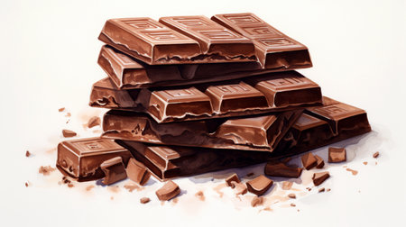 A stack of chocolates on a white background. Watercolor illustration of a mound of appetizing chocolate. Dark milk chocolate bars stack isolated on a white.の素材