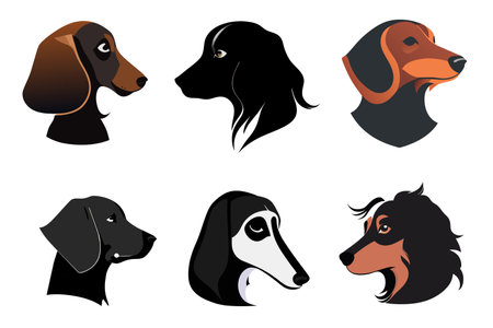 Dog vector icon. Set. Elegant dog head side view. Logo and sticker design. Different dogs portraits for icons and stickers.のイラスト素材