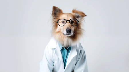 Sheltie dog wearing a lab coat with and glasses. Design for advertising optics, pet food.の素材