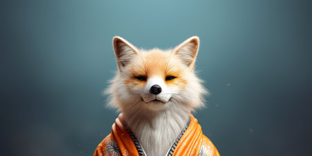 Portrait of a fox dressed in an orange kimono. Fox in clothes on blue background.の素材