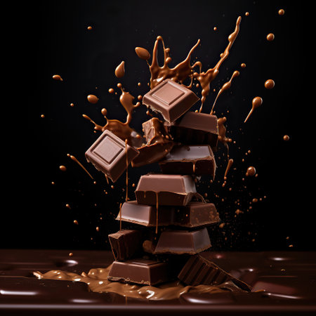 A splash of milk chocolate. Chocolate falling down on black background studio shot. Preparation of a chocolate dessert. Chocolate levitation.の素材