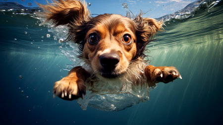 Cute little dog swimming in the sea. Portrait of a puppy jumping into the water against the background of spray and waves.の素材