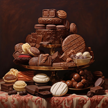Vase with chocolates and cookies close up. A large assortment of gourmet sweets. Chocolate dessert.の素材