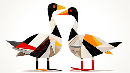 Geometrical couple of geese on white background. A pair of geese in love. Two geese on white background polygon style. Two geese made of multicolored geometric shapes on a white background. Design for postcard, t-shirt, cover.の素材