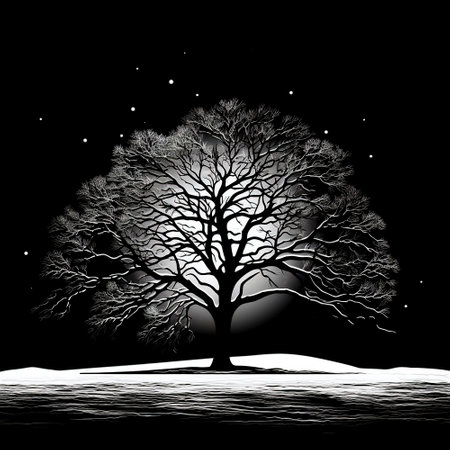 Winter landscape with tree and moon on black background. A lonely tree against the background of the moon and the night sky. Monochrome illustration.の素材