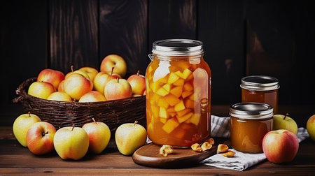 Homemade delicious canned apple jam still life. Apricot jam in a jam jar and fresh fruit on a wooden background.の素材