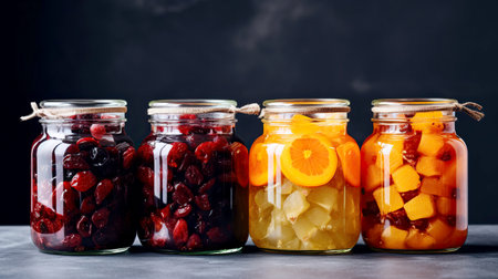 Homemade compote in large glass jars from Assorted dried fruits. Preserved fruits and vegetables in glass jars on dark background. Selective focus.の素材