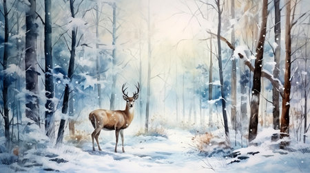 Watercolor illustration of a deer in a winter forest. Illustration for greeting cards, printing and other design projects.の素材