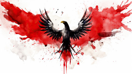 Grunge eagle with splashes of red paint on white background. Black bird of prey, watercolor illustration.の素材