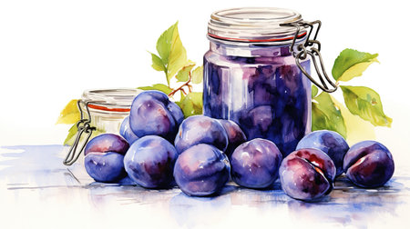 Plum jam in glass jars. Watercolor hand drawn illustration on white background. Realistic background.の素材