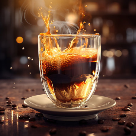 Coffee in a glass cup with splashes on a wooden table. Hot coffee splashes on a blurred background with bokeh lights. Cover design, menu page. Trendy drink. Steaming morning coffee on the background of coffee beans. Dark background.の素材