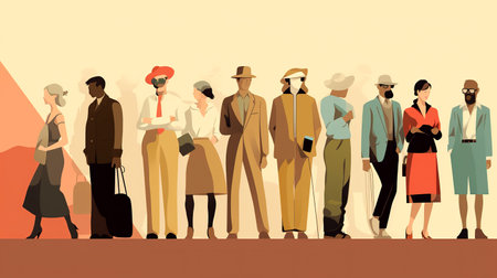 People in the style of the 1920s and 1930s. Group of young people, men and women. Illustration in retro style.の素材