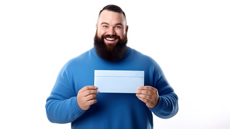 Portrait of a smiling man with beard and mustache in a blue sweater holding a white envelope. Happy man isolated on white background holding a blank sheet for your advertisement.の素材