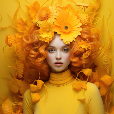 A girl in a yellow look. Yellow image- girl with flowers in her hair. Design for beauty salons, beauty industry. Beauty woman with a hairstyle of flowers. Handsome young. Big hat with flowers, fashionable makeup.の素材
