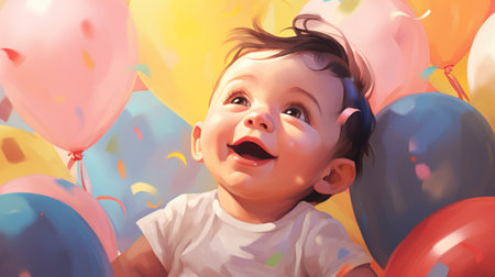 Happy Child One Year Old Sitting in Balloons. Happy baby on a background of colorful balloons. Playful digital illustration of a child wearing glasses with rosy cheeks. A cartoon doll surrounded by colorful balloons and confetti. .の素材
