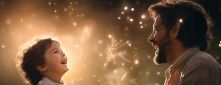 Happy father and child play against the background of bokeh lights and fireworks. Festive background, delight and happiness. Happy family concept. Happy father and son having fun at home. The concept of male emotions.の素材