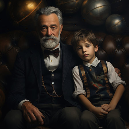Portrait of a grandfather with his grandson in a dark room. A stylish man with a beard sits next to a boy. Stage image, retro style. Portrait of a handsome old man and his grandson sitting on a black leather sofa. Oil painting. Men's beauty, fashion.の素材