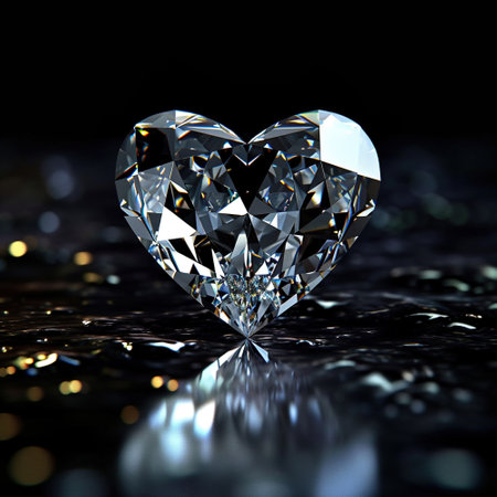 Shiny diamond heart on a black background. 3D rendering of a toned image. A large heart-shaped diamond on a black dark background with bokeh lights. Blurred night romantic background.の素材