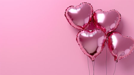 Pink heart shaped helium balloons on pink background. Foil air balloons on pastel pink background. Minimal love concept. Valentine's Day or wedding party decoration. 3 Metallic balloon.の素材