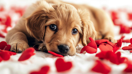 Puppy Amidst Rose Petals. Charming puppy lying amidst scattered red rose petals. The soft focus and gentle lighting, Valentine's Day, or the bond between pets and owners.の素材