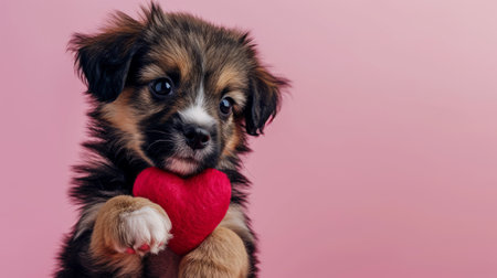Tricolor puppy with a mixture of black, brown and white fur on a pink background with space for text. The puppy has expressive eyes and looks straight into the camera. The dog is holding a red plush heart. Valentine's Day concept.の素材