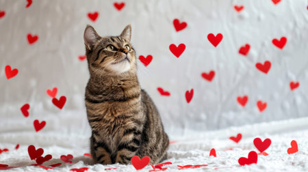 Beautiful tabby cat with red hearts on a white background. A kitten in a soft white crib watches the red paper hearts falling on it. Festive atmosphere, for pets. Festive confetti made of red hearts. Comfort, love and care.の素材