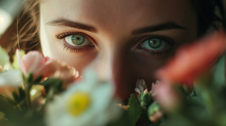 Close-up of a young woman's face covering her face with flowers. Portrait of a woman with natural makeup. Summer lifestyle. Blurred background, selective focus. Enjoying the sun. Concept of happiness and love. Green eyes of a sensual woman.の素材