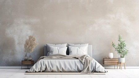 Minimalist bedroom interior with light walls, wood floors and a white master bed. House layout simple bedroom interior background. Home decor mockup. 3D rendering. interior decor, template for your project.の素材