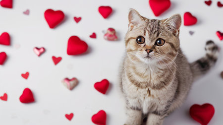 Cute kitten on a blurred light background decorated with small red hearts. A cat's gaze overflowing with tender emotions. Concept of trust, tenderness and love. Small tabby cat with red hearts on white background.の素材